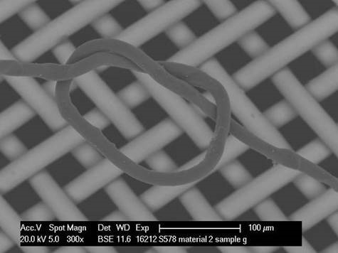 SEM image of knotted cellulose fibre on filter