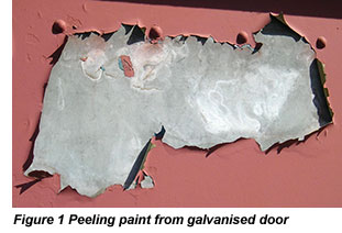 Peeling paint from galvanised door